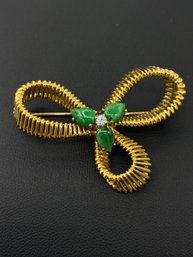 One Of A Kind 18k Yellow Gold Jade & Diamond Brooch