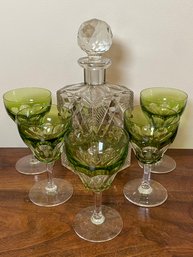 5 Crystal Stemware Glasses And Clear Cut Glass Decanter Cut Green Wine Glasses