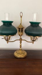 A Vintage Brass And Green Glass Hurricane Twin Desk Lamp