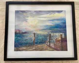 Seascape Dock Watercolor Painting Signed Carol Kelly Local Artist 25x21 Matted Framed