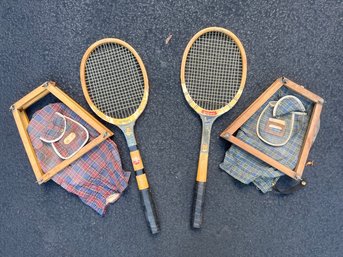 Pair Of Vintage Wilson Wooden Tennis Rackets With Brackets