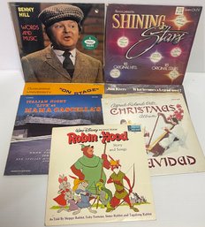 Seven Vinyl Records Of Various Genres Including Robin Hood Musical