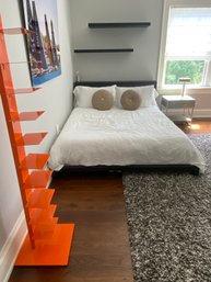 CB2 Bedroom Ensemble Includes Full Size Modern Platform Bed, Linens, Metal Table & Wall Shelves