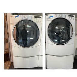 A Kenmore Washwer-Dryer Set - Smartwash - QuietPak 9 - Washer And Electric Dryer  On Pedestal Bases