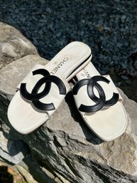 Chanel Off-white & Black Slide On Sandals