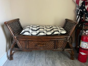 Asian Inspired Bench With Wicker Detail