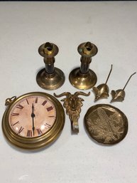 Brass Collection Sadek Clock Candlestick Holders Rams Head Hook Two Little Mice Trinket Dish