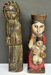 Antique & Vintage Hand Carved Wood Lot Of 2 - Jesus Figure 12' -Painted Blessed Mary 10'