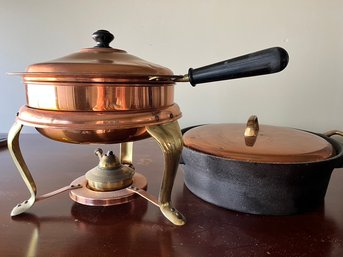 Vintage Copper.  Chaffing Dish And Cast Iron Pot With Lid