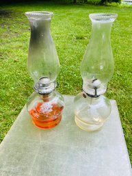 Rose Etched Hurricane Lamp Pair