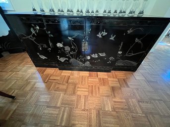 Black Lacquer And Hand Painted Side Board With Drawers, And Plenty Of Storage Space