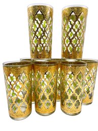8 Mid Century Gold Decorated , Culver Valencia Highball Beverage Glasses.