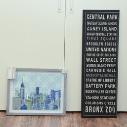Marian Nixon Original Framed Cityscape Of New York Art Print And Landmarks Of New York Typographic Wall Art
