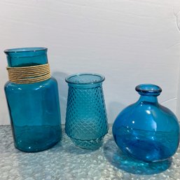 Set Of 3 Blue Glass Vases One With Decorative Twine