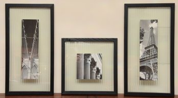 Triptych Of Black-and-White Photographic Prints Of New York And Paris Framed In Ripple Glass