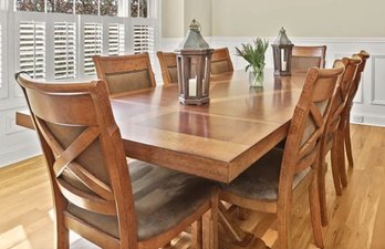 Raymour & Flanigan Dining Set-Table, 8 Chairs, And 2 Extension Leaves
