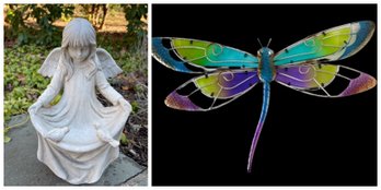 Stained Glass Dragon Fly & Bird Feeder Statue