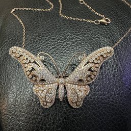 Dazzling Unique Gold Wash Over Sterling Rhinestone Butterfly Brooch Necklace