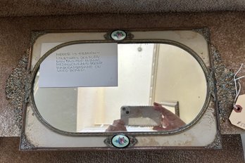 Jewelry Box & Antique French Tabletop Mirror With Enamel Medallions & Bronze On Wood