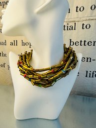 Handmade Kenyan Artisan Jeweler Choker Or Bracelet  Made Of Multi Strands Of Brass And  Colorful Fabric