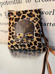 Real Hide Leopard Print Small Crossbag With Authentic Upcycled Louis Vuitton Skull Patch Solid Brown Back