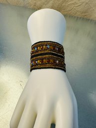 Handmade In India Artisan Stunning Beaded Bracelet Amber/black/gold Beads