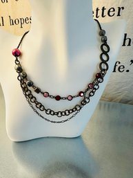 Beautiful Artisan Handmade In India Triple Strand Chain And Colored Glass Necklace