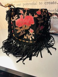 Vintage Boho Designer Isabella Fiora  Bag Black Suede Fringed W/beautiful Embossed Leather Floral Design