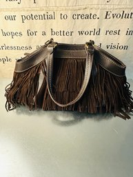 Hogan Designer Fringed Chocolate Brown Leather Hobo Bag With Beautiful Colored Green Stripe Inside Fabric