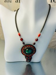 Vintage Local New Hampshire Artist Upcycled Leather Backed Beaded Necklace
