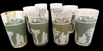 Set Of 8 Mid Century Jeannette Hellenic Grecian Jasperware Wedgwood Green Drinking Glasses