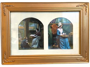 Pair Of Antique Illustrations In Nice Gold Gilded Frame (B-24)