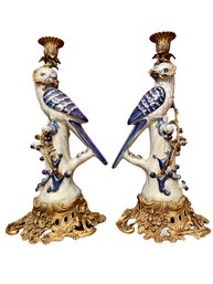 Vintage Porcelain And Metal Hollywood Regency ,pair Of Parrot Candle Holder In The Manner Of Herend Fishnet.