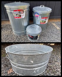 Set Of 3 Covered Galvanized Cans & Tub