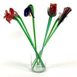 Bouquet Of 6 Long Stemmed Murano Style Blown Glass Flowers - Group 1