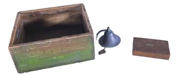 Wood Crate, Brass Bell, Antique Box