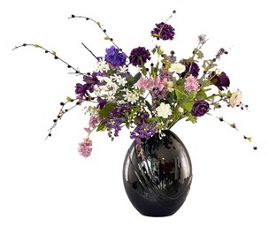 Royal Haeger Black Ceramic Vase With Artificial Flowers