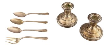 3 Sterling Silver Spoons And One Fork And Candlestick