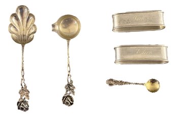 Pair Of Sterling Napkin Ring Holders, 835 Silver Spoons, Sterling Salt Spoon