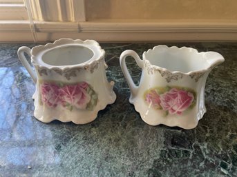 Antique Hand Painted Porcelain Creamer And Sugar