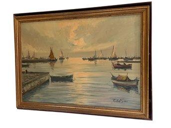 Contemporary Oil Board Featuring  Boats At The Bay.