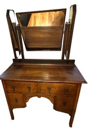 Antique Solid Oak Dressing / Vanity Table With Tilt / Folding Mirror