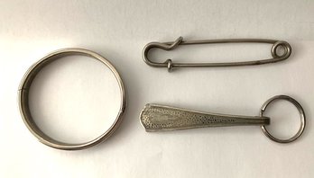 Silver-Tone Bracelet, Kilt Pin, Silverplate Spoon Handle Key Ring