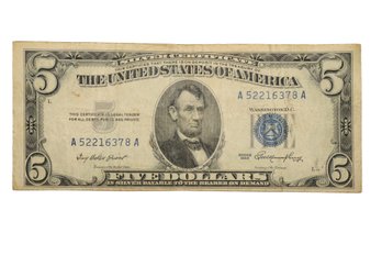 1953 $5 Silver Certificate With Blue Seal Silver Certificate