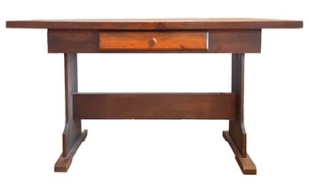 A Vintage Solid Pine Trestle Desk, Or Table - Double Sided Drawers