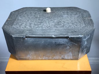 Interesting Antique Asian / Chinese Pewter Tea Box With Bone Knob - Very Interesting Antique Tea Box !