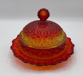 Vintage LG Wright Glass Amberina Daisy & Button Covered Butter Dish