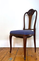Carved Walnut Reticulated Crown Blue Scallop Pattern Upholstered Seat Chair On Cabriole Legs