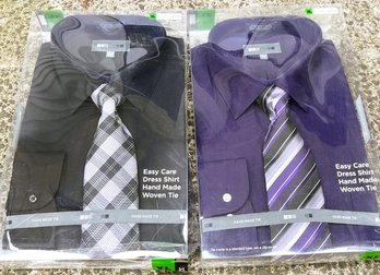 Set Of Two Men's Dress Shirts And Hand Made Tie In Black And Purple- Neck Size 17-17 1/2- NOS