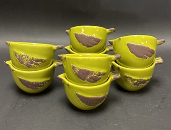 Eight Little Ceramic Bird Cups In Green & Brown